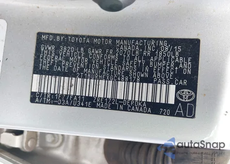 2016 Toyota Corolla L z USA, uszkodzony, nr VIN 2T1BURHEXGC488178